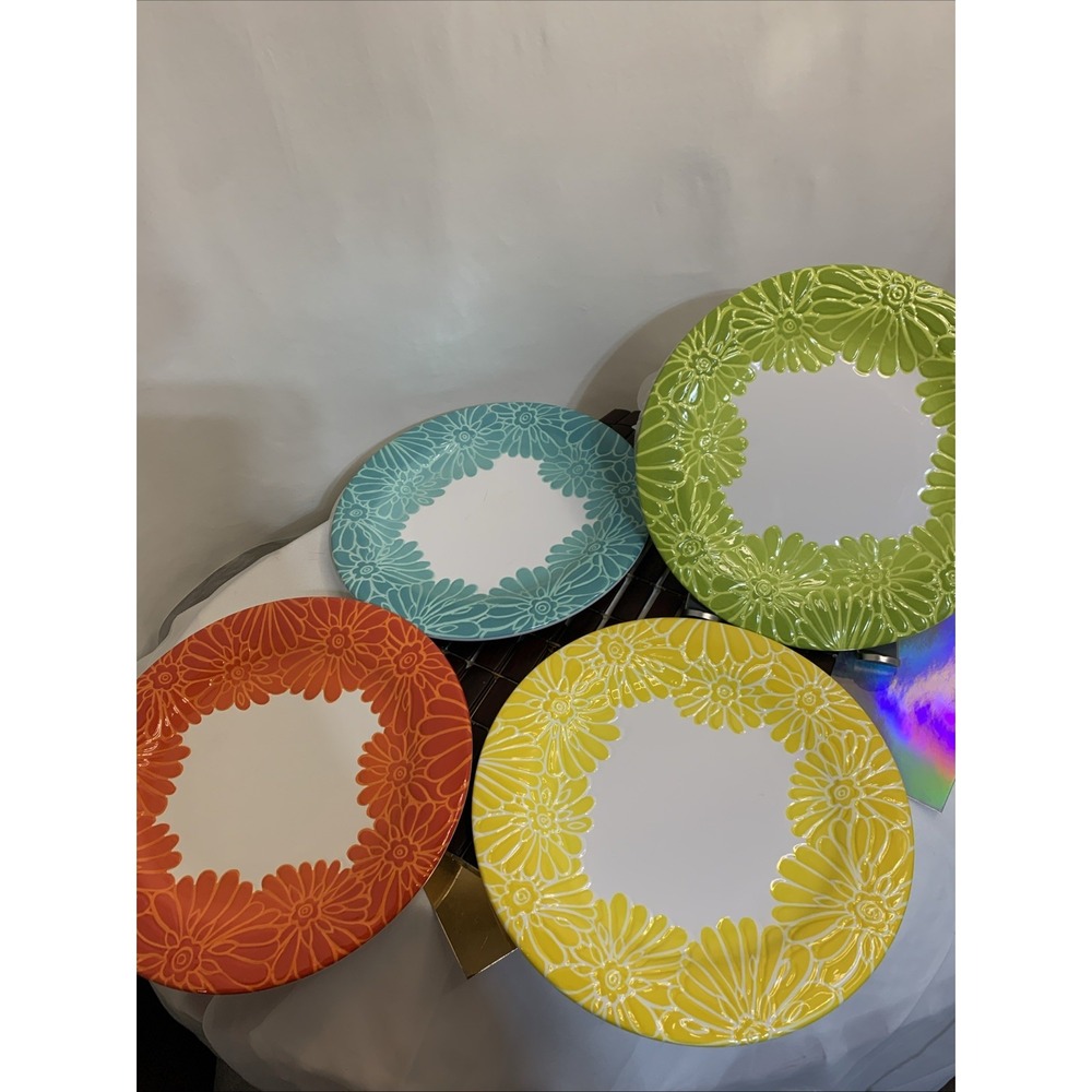 LAURIE GATES Floral Melamine DINNER PLATES Set 4 Yellow Blue Orange Green 11 New